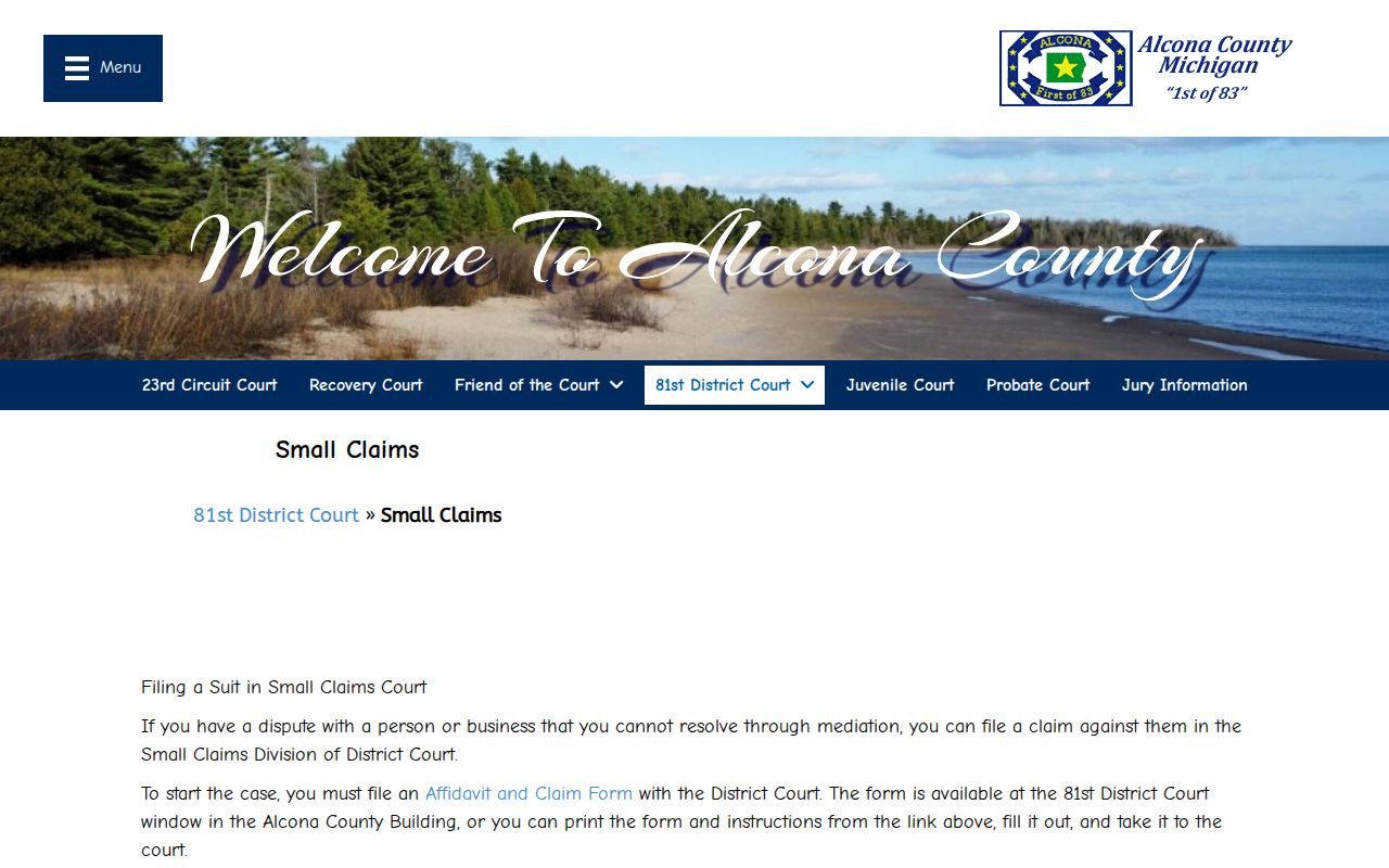 Alcona County civil docket small claims filing reference