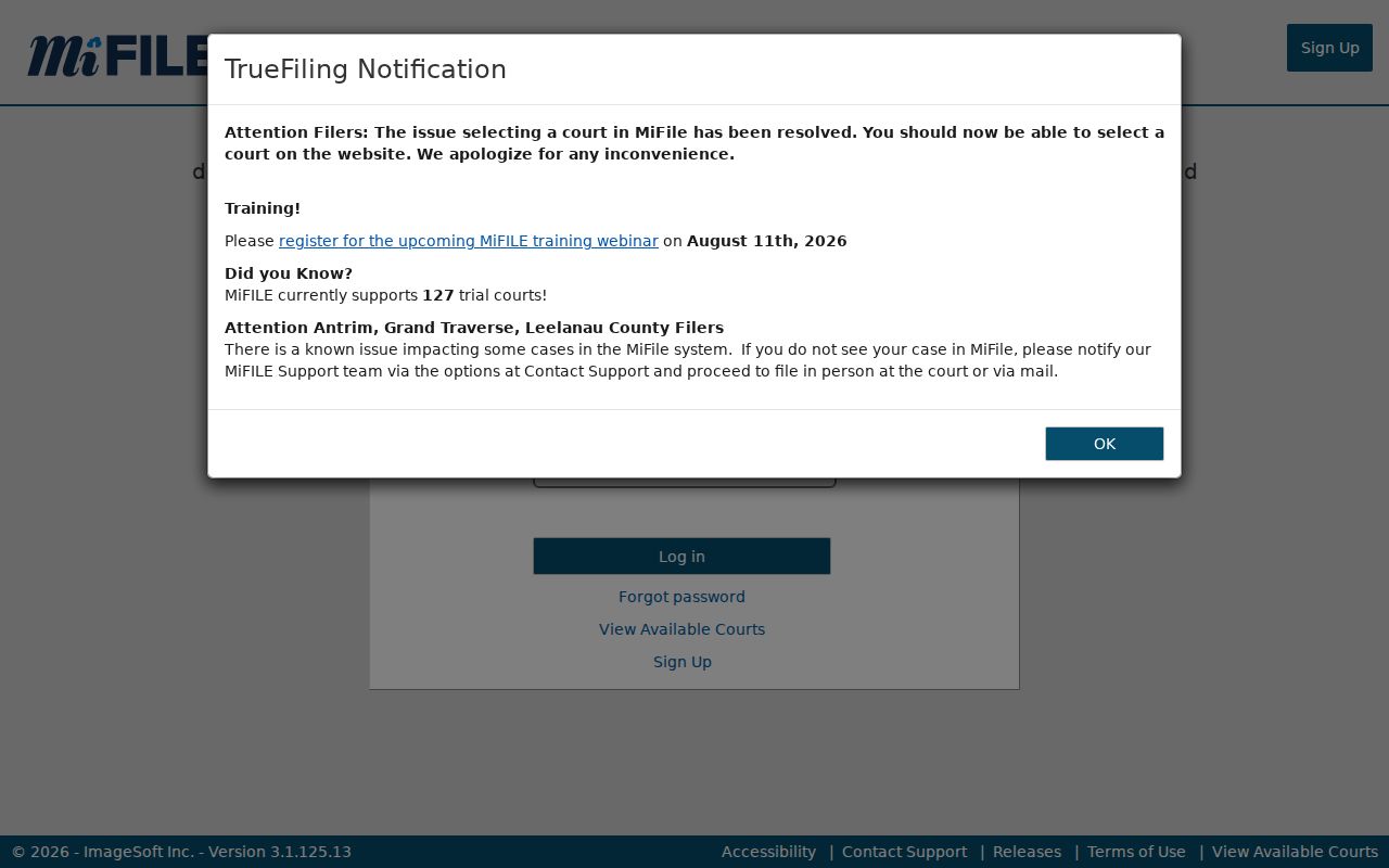 Alcona County civil docket MiFILE electronic filing reference