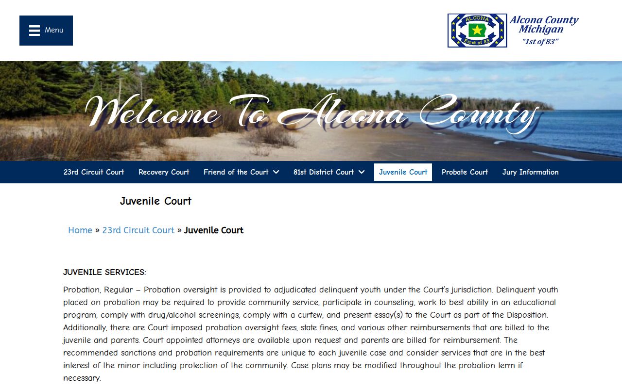 Alcona County court calendar and juvenile court record information