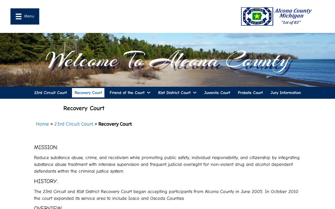 Alcona County criminal docket Recovery Court program information