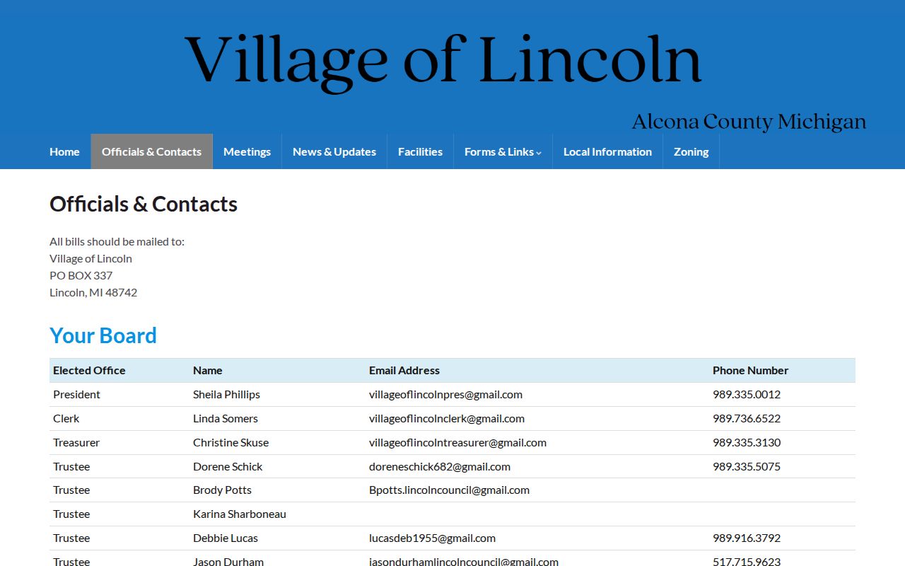 Lincoln court docket context with Village of Lincoln officials and administrative contacts