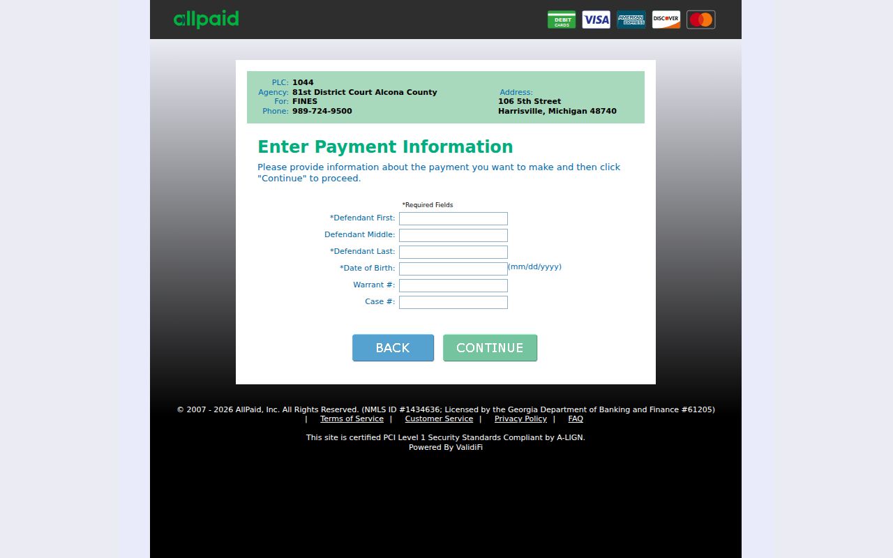 Alcona County traffic court records Government Payment Services location code 1044